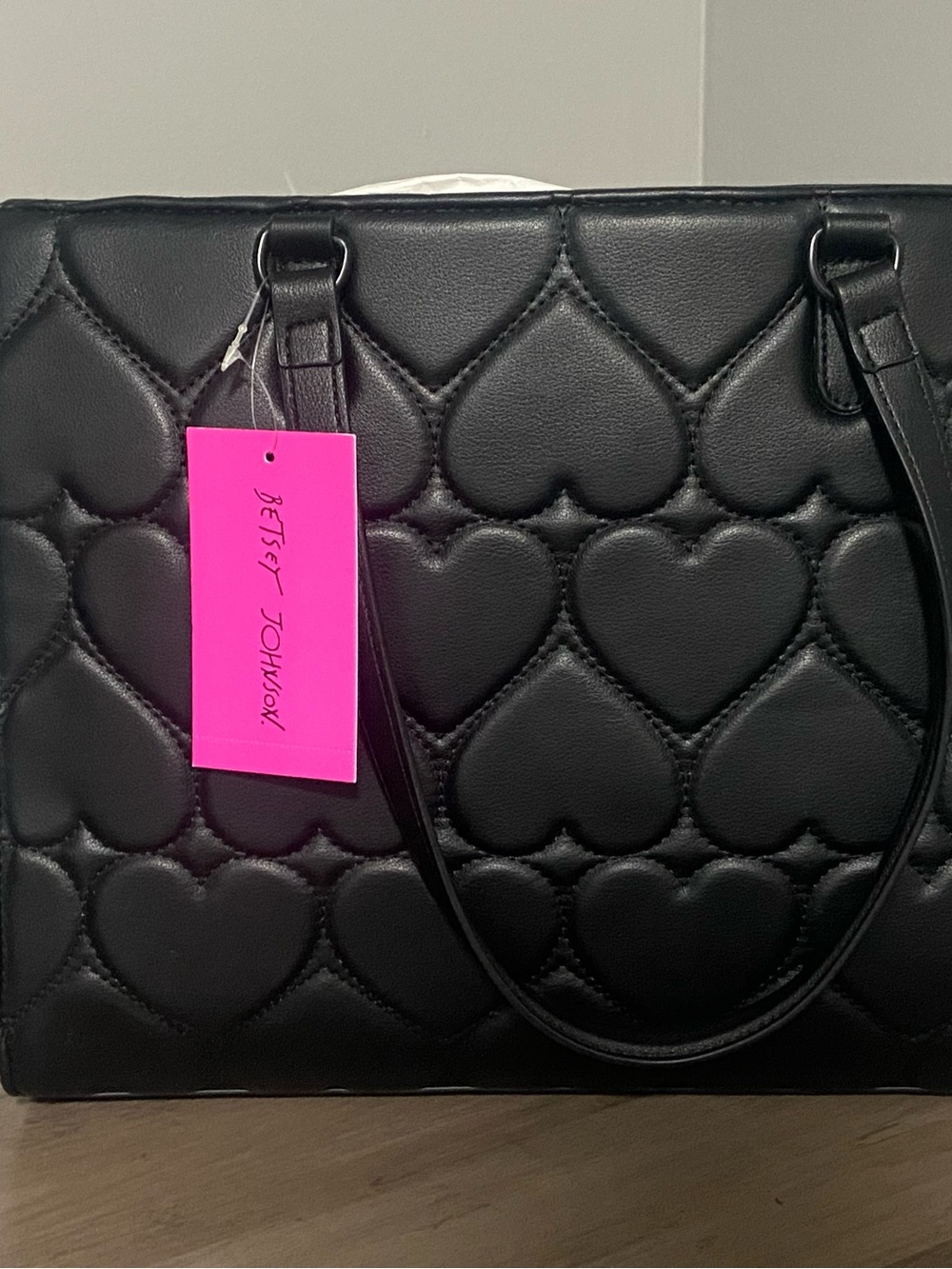 Betsey Johnson Black Quilted Heart Tote with Yellow Taxi Charm - Picture 5 of 7